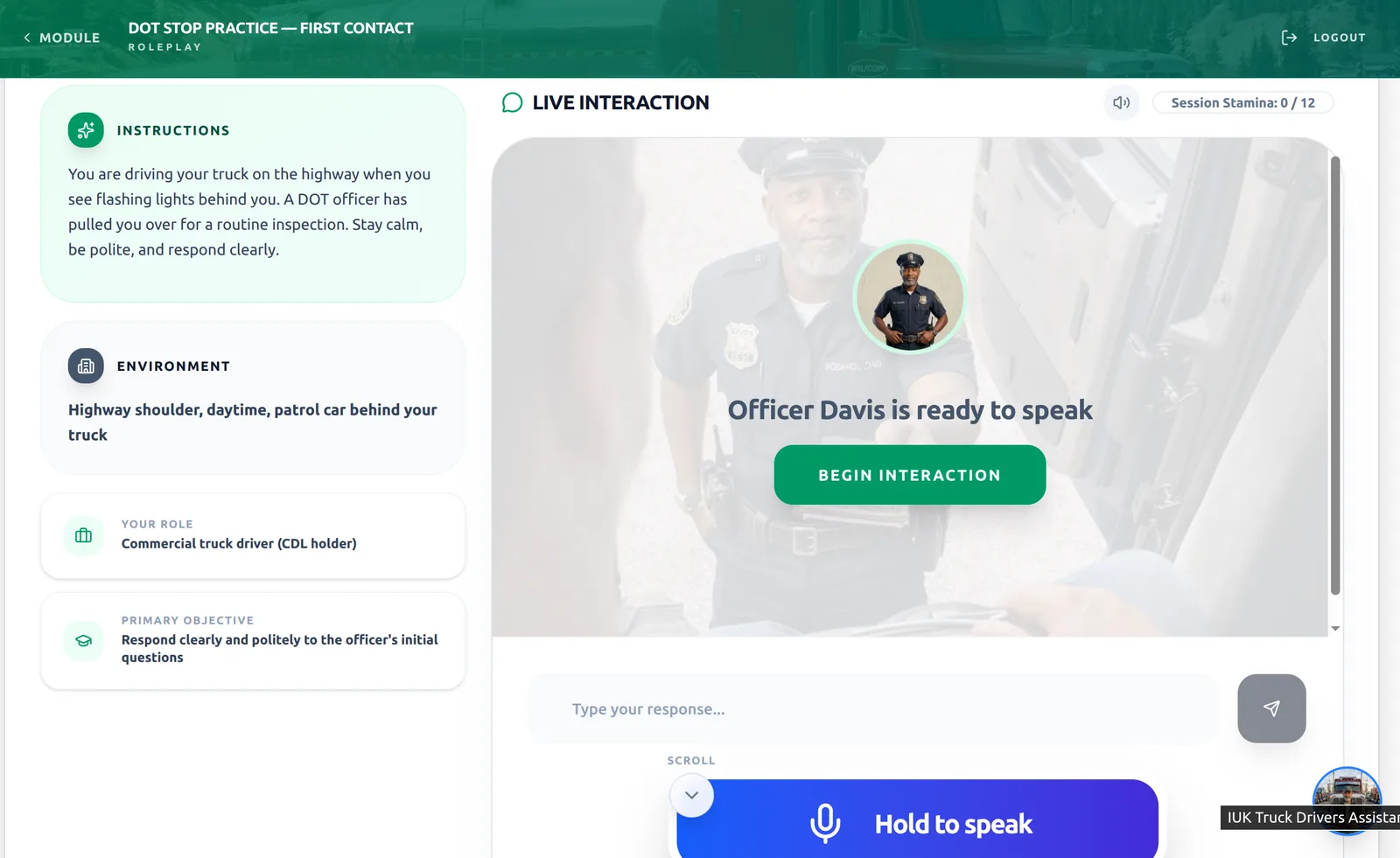 Pantalla de práctica por voz de una inspección de tránsito para conductores de camión, con el oficial listo para hablar.